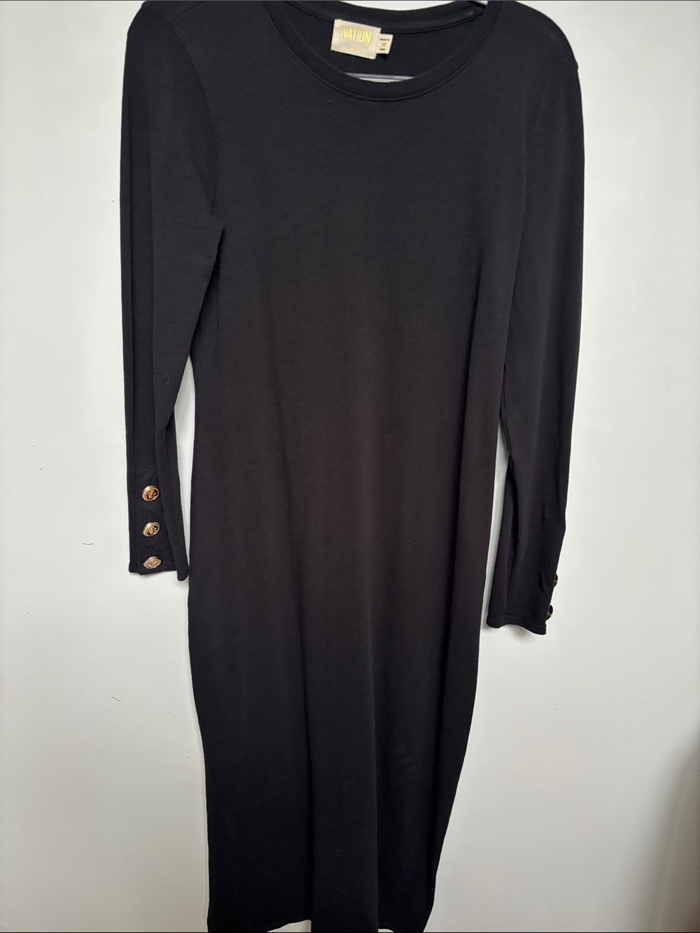 Nation LTD Black Long Sleeve Midi Dress with Gold Buttons